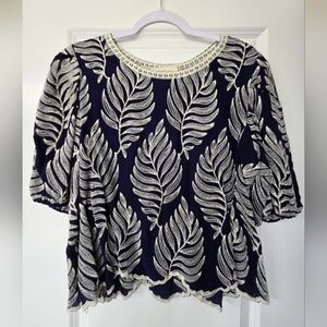 Solitaire Navy and Cream Leaf Design Blouse